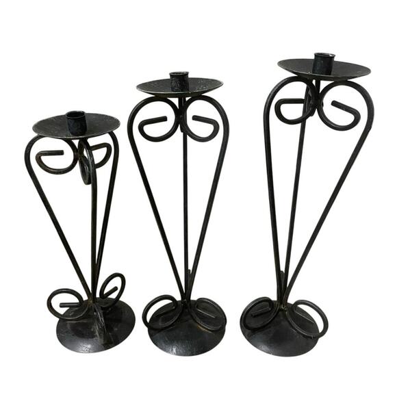 VINTAGE FRENCH COUNTRY PILAR CANDLE STICK DECOR SET OF 3 IRON BOHO GRUNGE - Picture 1 of 12